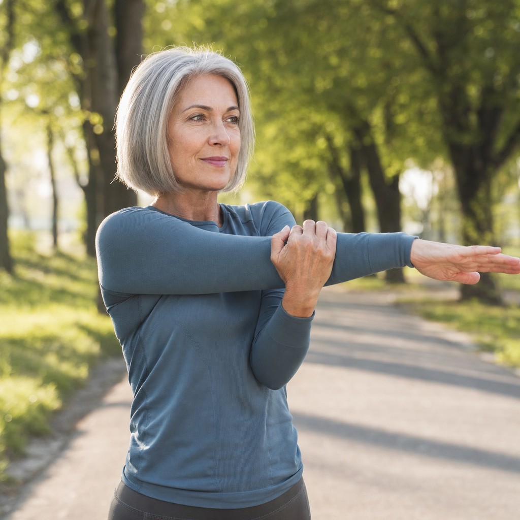 Woman in workout clothes stretching outdoors in morning light